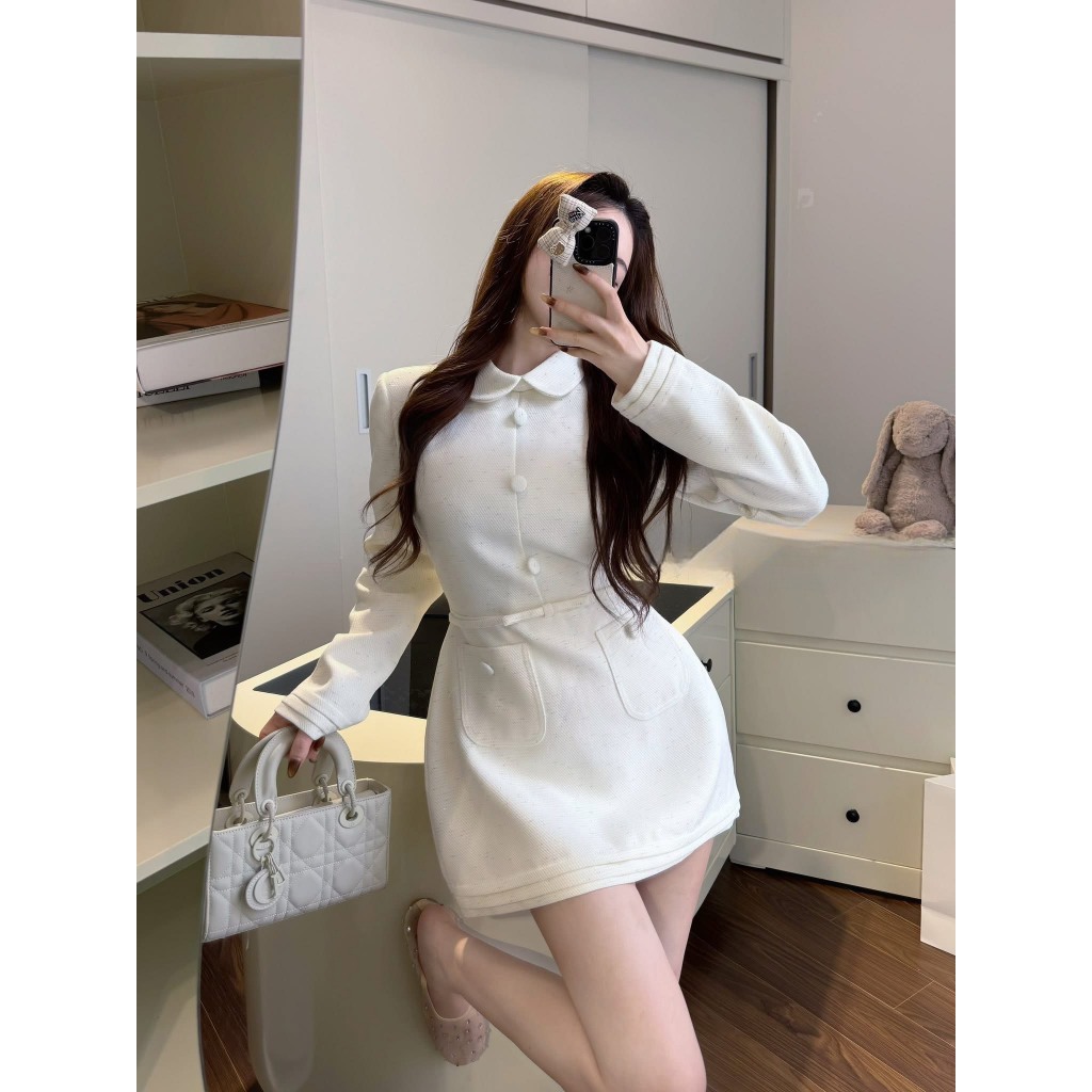 Laria Dress - Đầm Cổ V Tay Dài Độn Vai Chiết Eo
