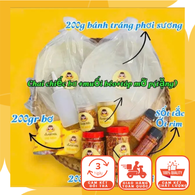 [Combo 85k] Bánh Tráng Phơi Sương 200g + 2 Bơ Túi 100g + Sốt Tắc + Ớt Rim + 2 Hủ Muối Tép Hành Phi + Tóp Mỡ + Muối Béo