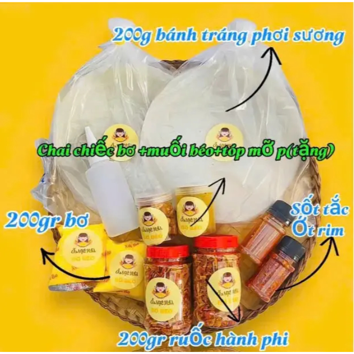 [Combo 85k] Bánh Tráng Phơi Sương 200g + 2 Bơ Túi 100g + Sốt Tắc + Ớt Rim + 2 Hủ Muối Tép Hành Phi + Tóp Mỡ + Muối Béo