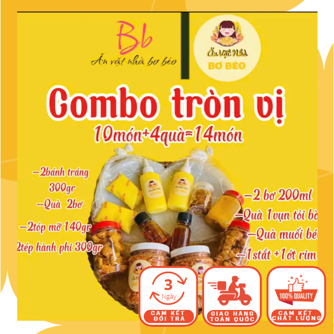 [Combo Tròn Vị] Combo Bánh Tráng Phơi Sương, Muối Tép Và Bơ X2 Bơ Béo + Tóp Mỡ + Sốt Tắc