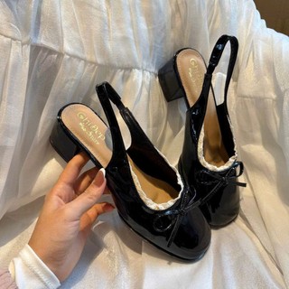 Giày Búp Bê lolita đế vuông cao 5cm chất liệu da bóng phối nơ phong cách pháp mới QC0418