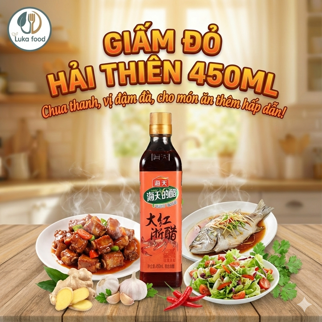 Giấm Đỏ Hải Thiên 450ml - Giấm Tiều Pha Nước Chấm Há Cảo, Hủ Tiếu Mì Gia Truyền, Vị Chua Dịu, Dùng Cho Món Hoa Luka Food