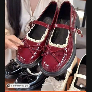 Giày Búp Bê lolita đế vuông cao 5cm chất liệu da bóng phối nơ phong cách pháp mới QC0418