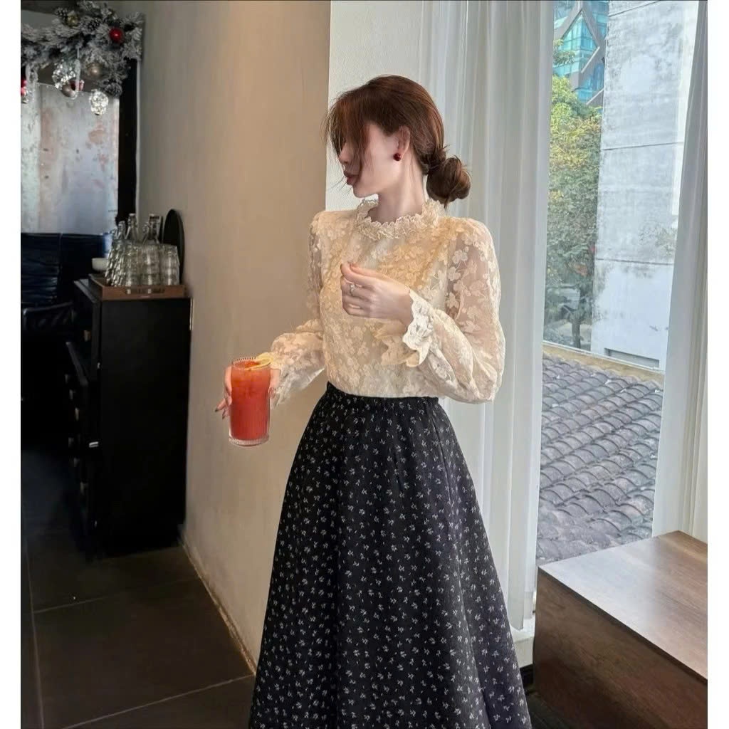 Áo sơ mi ren cổ bèo áo ren ô vuông nữ xinh, phong cách Hàn Quốc mix đồ siêu xinh