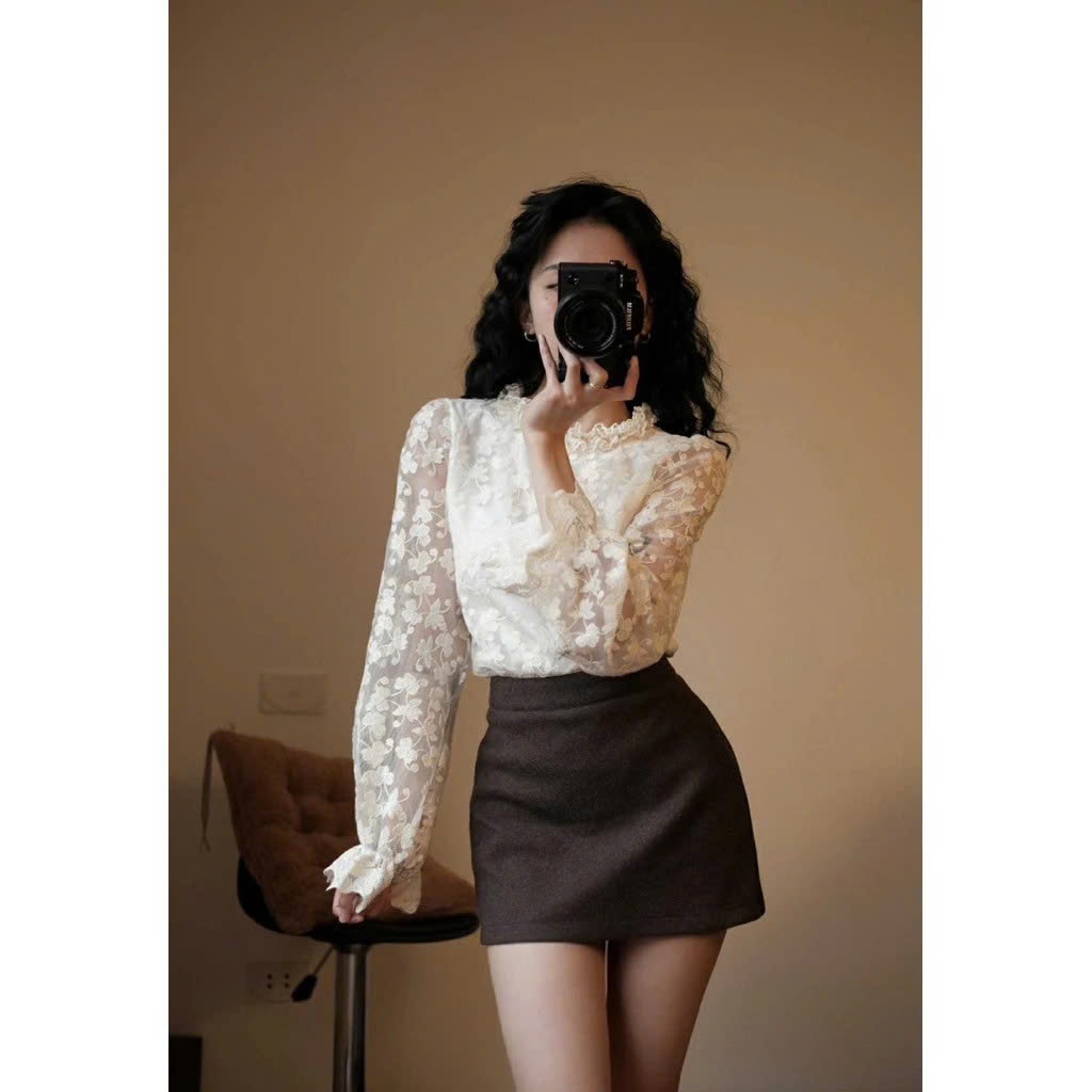 Áo sơ mi ren cổ bèo áo ren ô vuông nữ xinh, phong cách Hàn Quốc mix đồ siêu xinh