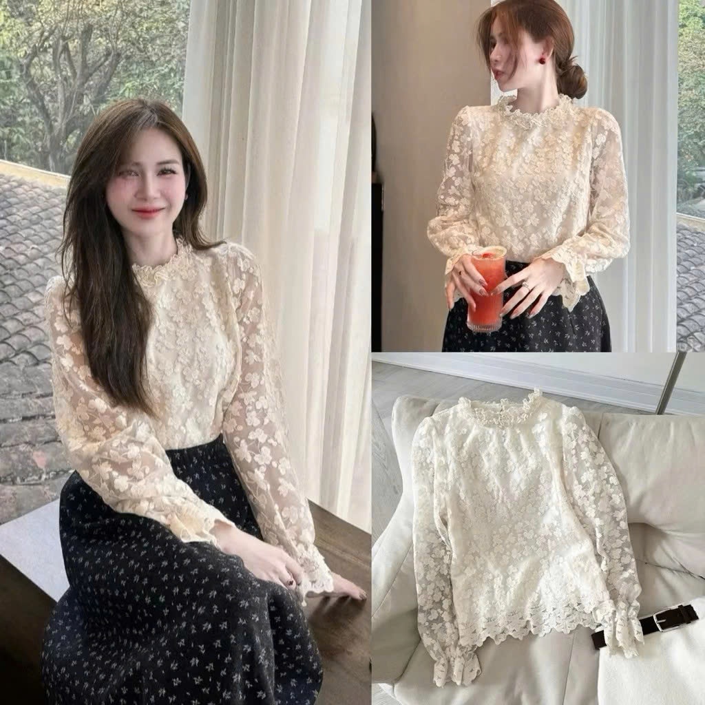 Áo sơ mi ren cổ bèo áo ren ô vuông nữ xinh, phong cách Hàn Quốc mix đồ siêu xinh