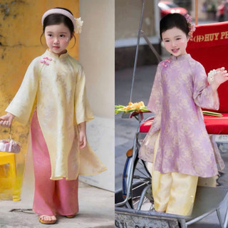 Áo dài cách tân tết cho bé gái màu vàng tím, Set áo dài tết cho bé gái kèm mấn 16-40kg