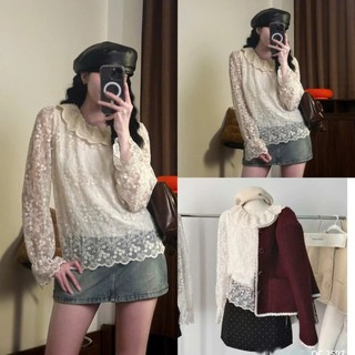 ÁO REN HOA NỔI CỔ BÈO - Áo sơ mi ren hoa kiểu QC tay bồng 2 lớp ulzzang tiểu thư HQ Aorenhoa552