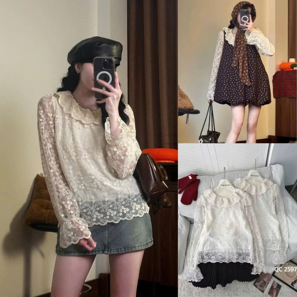 Áo dài tay chất ren hoa nổi cổ bèo ren tay bồng 2 lớp hàng thiết kế xinh xắn style tiểủ thư