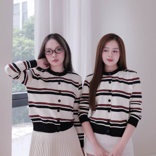 Áo cardigan kẻ đỏ - đen, Áo len dệt kim cao cấp basic - Áo Khoác Len Dà Tay Kẻ Sọc Ngang Siêu HOTHIT