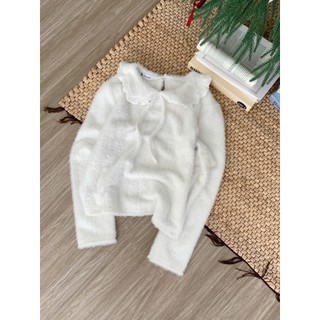 Áo Thun Lông Mịn Cổ Sen Viền Bèo Buộc Nơ Dáng Suông Tiểu Thư Hàn Quốc Cakecat