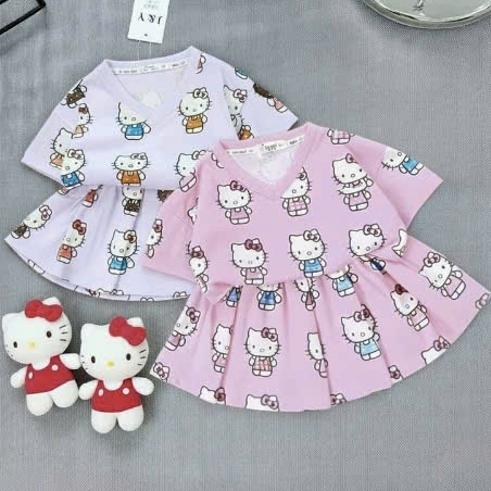 (2-14 tuổi) Bộ váy xếp ly kèm áo in full hình hellokitty cho bé gái KHÔNG KÈM GẤU.V08