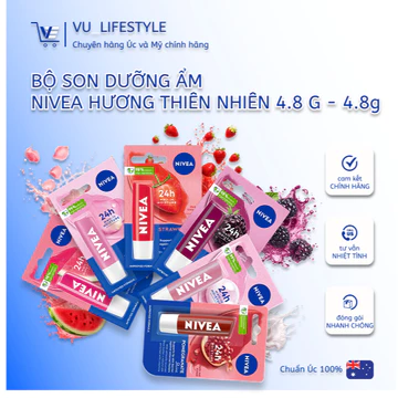 [Hàng Úc] 💄 SON NIVEA DƯỠNG ẨM THIÊN NHIÊN ĐỦ LOẠI | Dâu, Dưa Hấu, Mâm Xôi, Ngọc Trai, Hoa Hồng