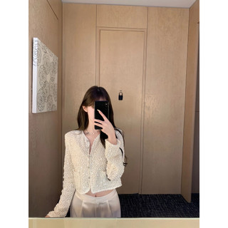 Áo cardigan form croptop đính cườm cổ tròn phong cách tiểu thư