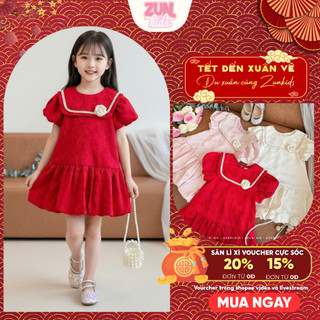 Đầm Bé Gái Tết Gấm Taffta Hoa Xuân 3D AZD609 – Đầm Công Chúa Nhí 2 Lớp, Hoa Cài Tháo Rời