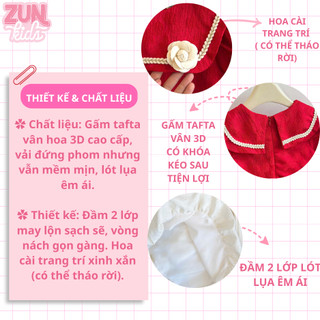 Đầm Bé Gái Tết Gấm Taffta Hoa Xuân 3D AZD609 – Đầm Công Chúa Nhí 2 Lớp, Hoa Cài Tháo Rời