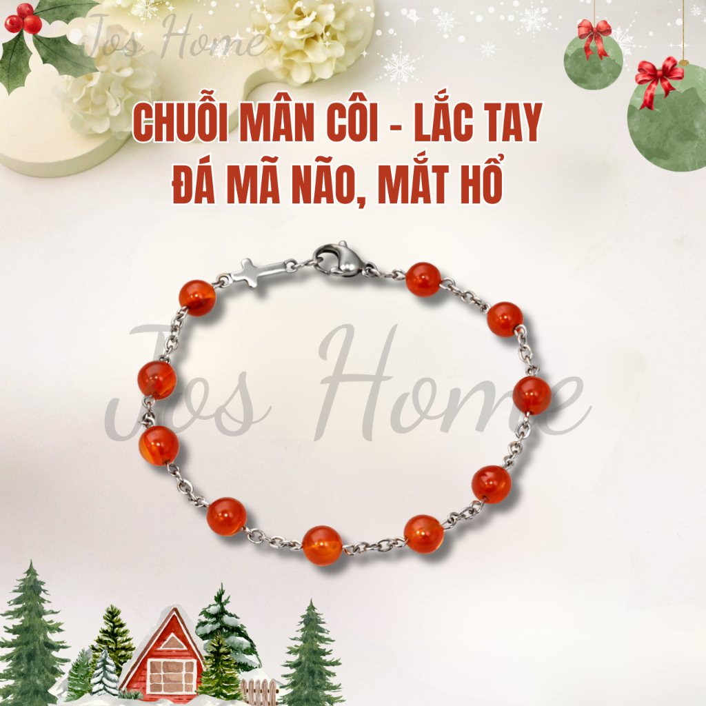 Chuỗi Mân Côi, Lắc Tay Đá Mã Não Mắt Hổ 10 Hạt 6Ly. Quà Tặng Ý Nghĩa