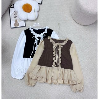 Áo babydoll bigsize nữ phối màu thanh lịch, tay phồng nhẹ, vải mềm thoáng 60-95kg A336