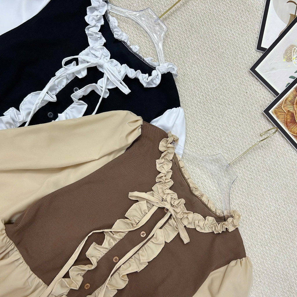Áo Kiểu Bigsize Nữ Tay Dài Bèo Nhún Cột Nơ Cổ – Dáng Xòe Che Bụng Cho Các Nàng Mũm Mỉm A336