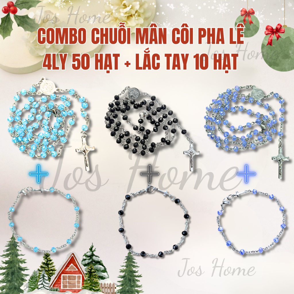 Combo Chuỗi Mân Côi Pha Lê 50 Hạt + Lắc Tay Mân Côi 10 Hạt Tiện Lợi Và Tiết Kiệm