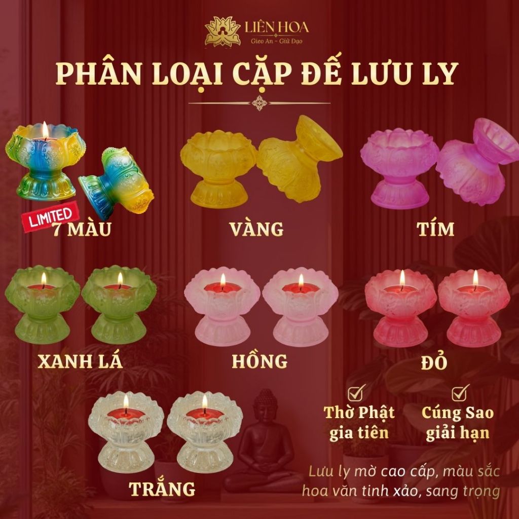 Cặp Đế Nến Lưu Ly Hoa Sen Liên Hoa – Đế Cao – Chân Nến Thờ Phật Thuỷ Tinh Cao Cấp (1 Cặp)