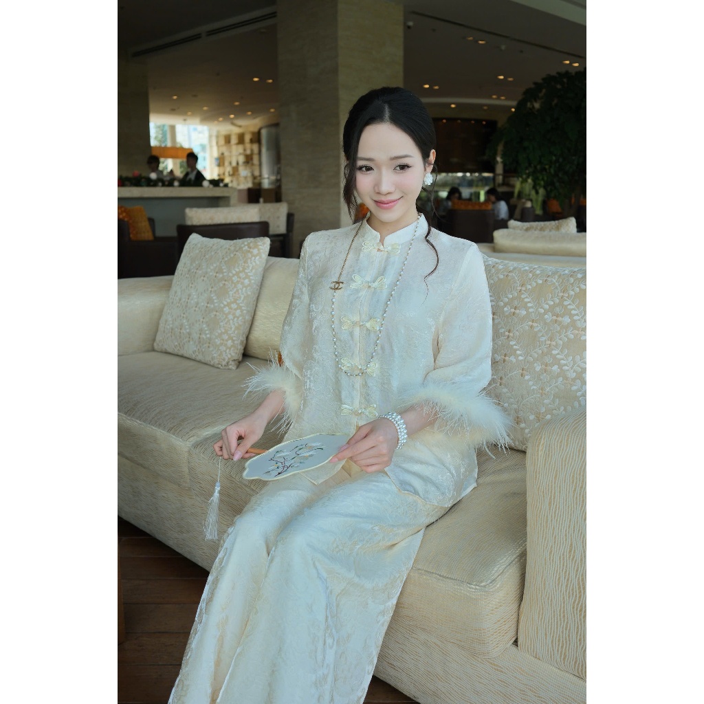 Pháp phục đi chùa cổ tàu gấm tằm nha xá phối lông vũ Bộ đi chùa cách tân tiểu thư khuy đá cách điệu