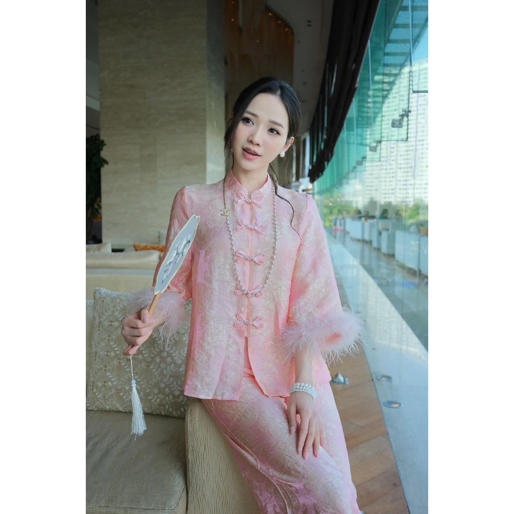 Pháp phục đi chùa cổ tàu gấm tằm nha xá phối lông vũ Bộ đi chùa cách tân tiểu thư khuy đá cách điệu