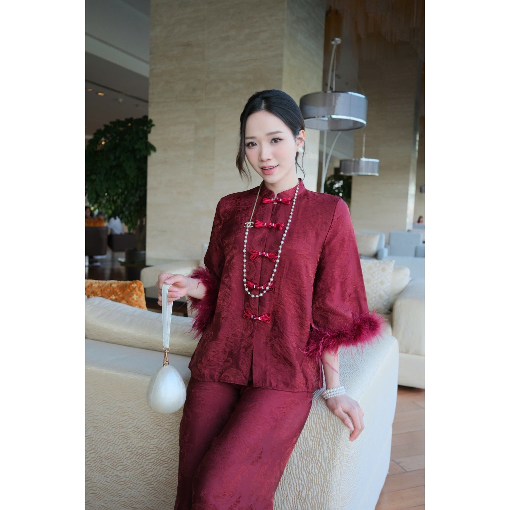 Pháp phục đi chùa cổ tàu gấm tằm nha xá phối lông vũ Bộ đi chùa cách tân tiểu thư khuy đá cách điệu