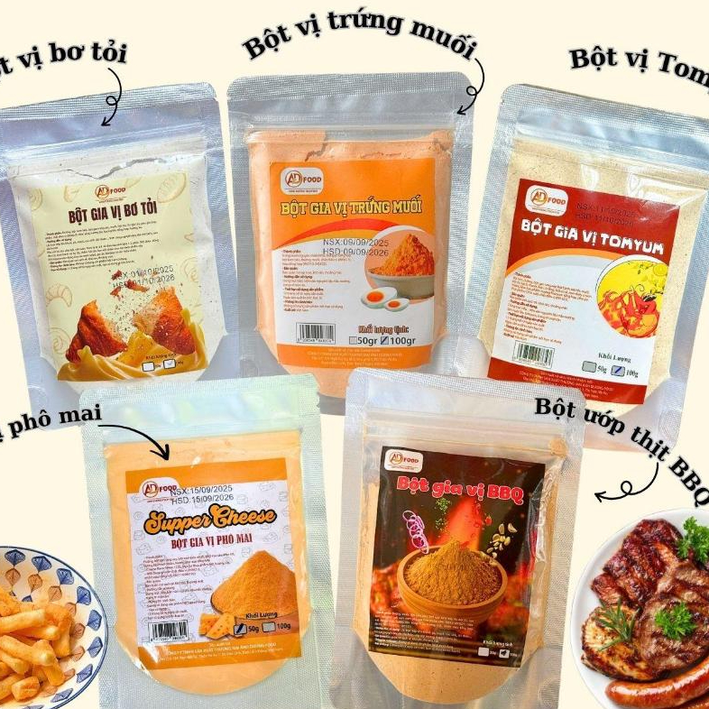 COMBO 5 Gói 100g Bột gia vị trải nghiệm dùng thử - vị Phô mai Supper cheese, vị Trứng muối, vị Bơ tỏi, vị Tomyum, vị BBQ