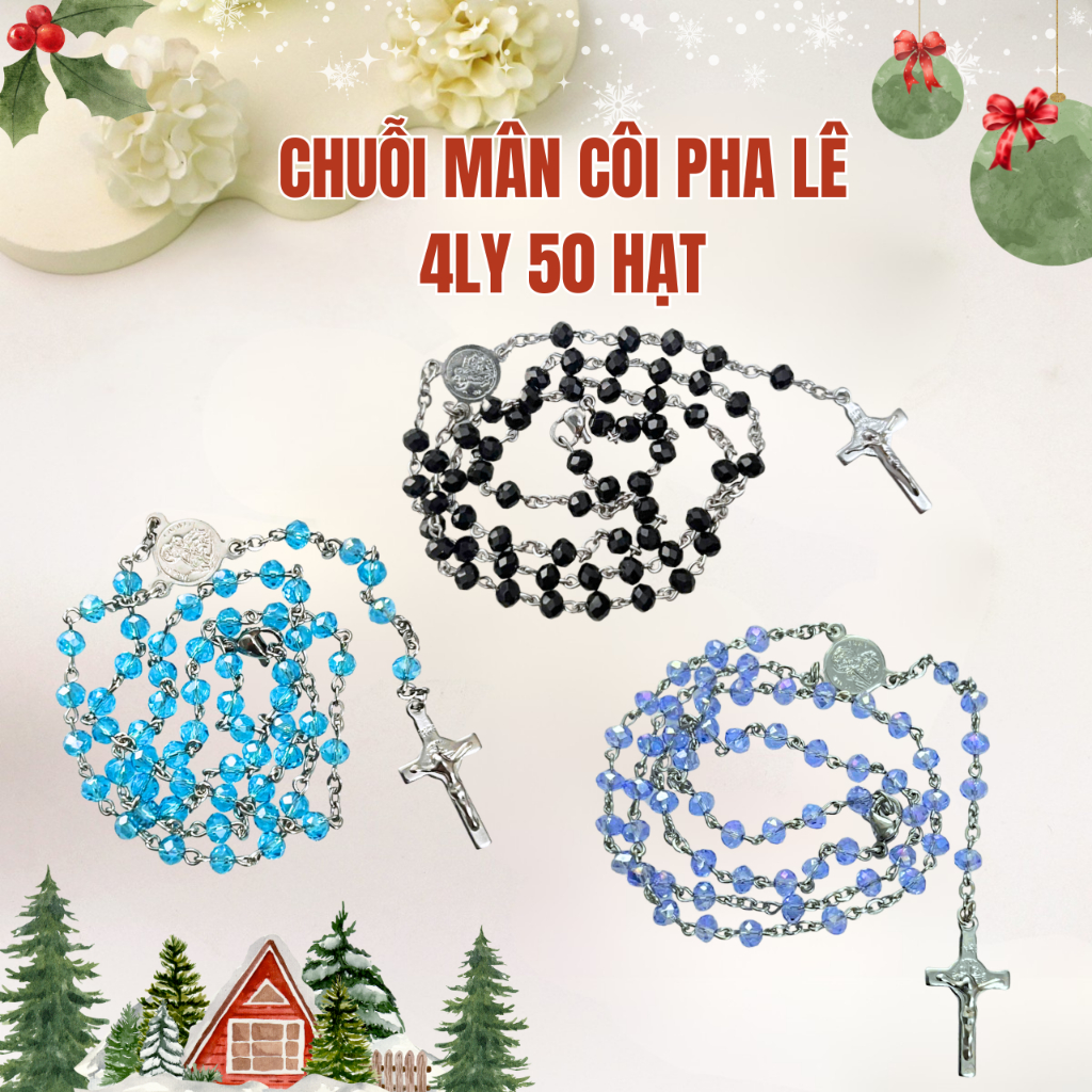 Tràng Hạt Chuỗi 50 Kinh Mân Côi Đá Pha Lê 4Ly Cao Cấp Chất Liệu Đá Pha Lê Sang Trọng Và Tinh Tế