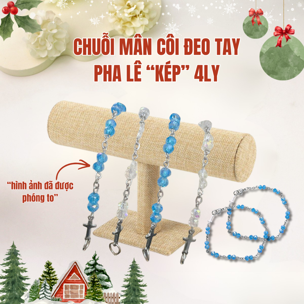 Lắc Pha Lê 4LY Hạt Đôi, Vòng Tay Mân Côi 10 Hạt, Quà Tặng Công Giáo Ý Nghĩa