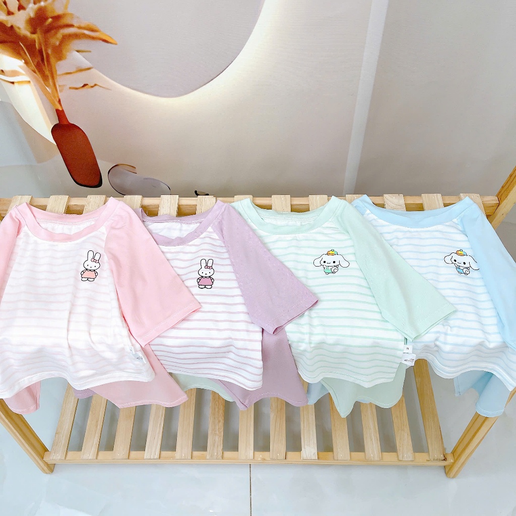 Đồ bộ ngủ cho bé sợi sồi Modal Lá Homewear A322, tay lỡ quần dài họa tiết sọc ngang dễ thương
