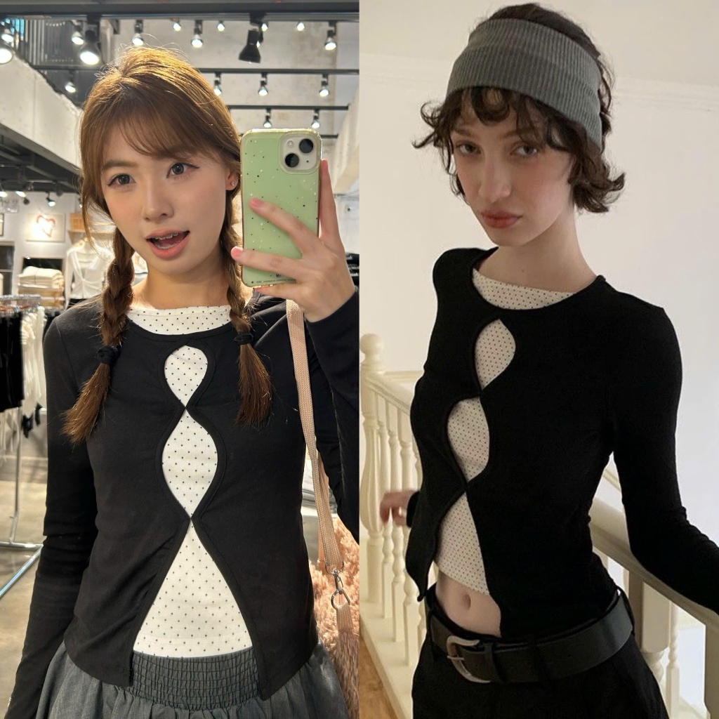 Áo dài tay màu đen tạo kiểu layer chấm bi trắng khoét tròn chất cotton co giãn sang trọng ATDT070 - Tiktik