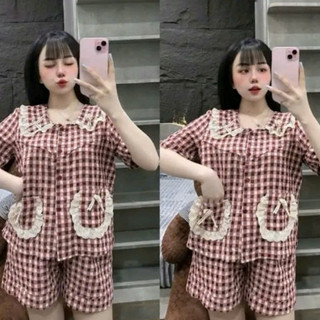 Bộ đùi kẻ nhung,ren cổ túi