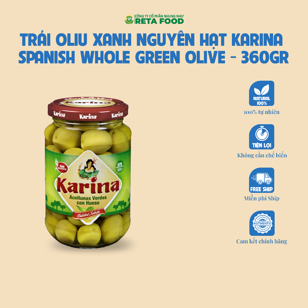 Trái oliu xanh/đen nguyên hạt Karina Spanish Whole Green Olive 360gr