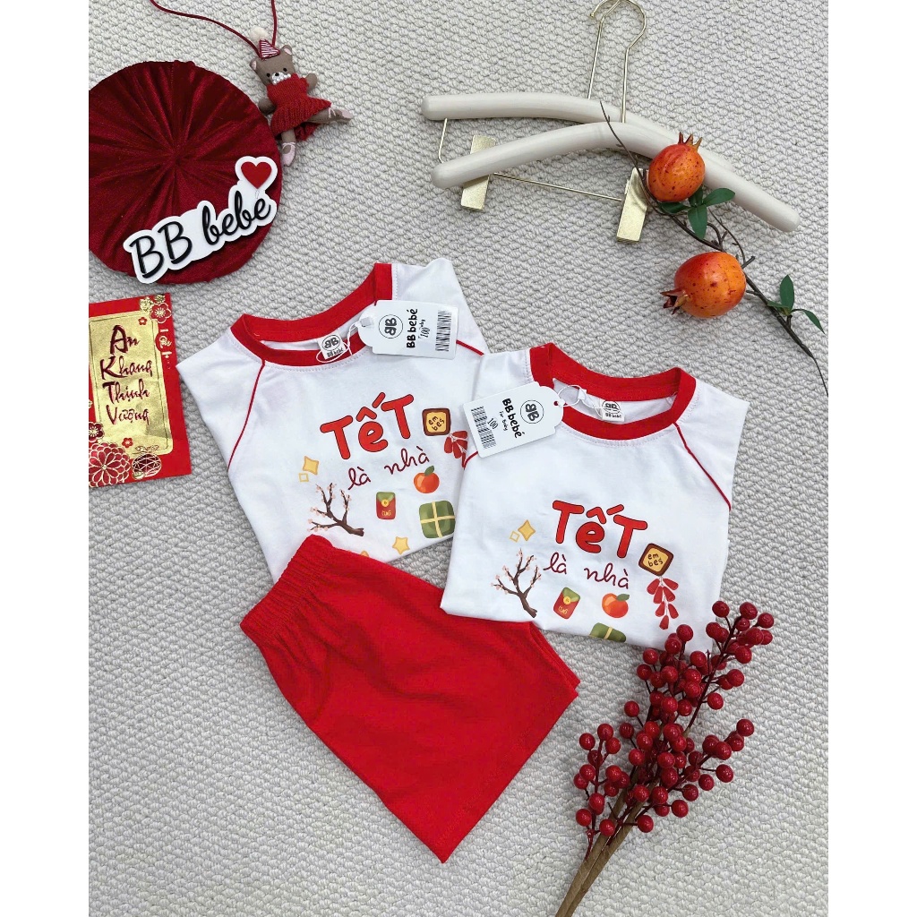 Bộ cotton cộc tay in hoạ tiết tết tông màu đỏ trắng, bộ thun diện tết siêu xinh unisex cho bé