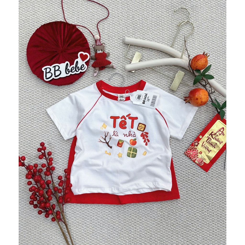 Bộ cotton cộc tay in hoạ tiết tết tông màu đỏ trắng, bộ thun diện tết siêu xinh unisex cho bé