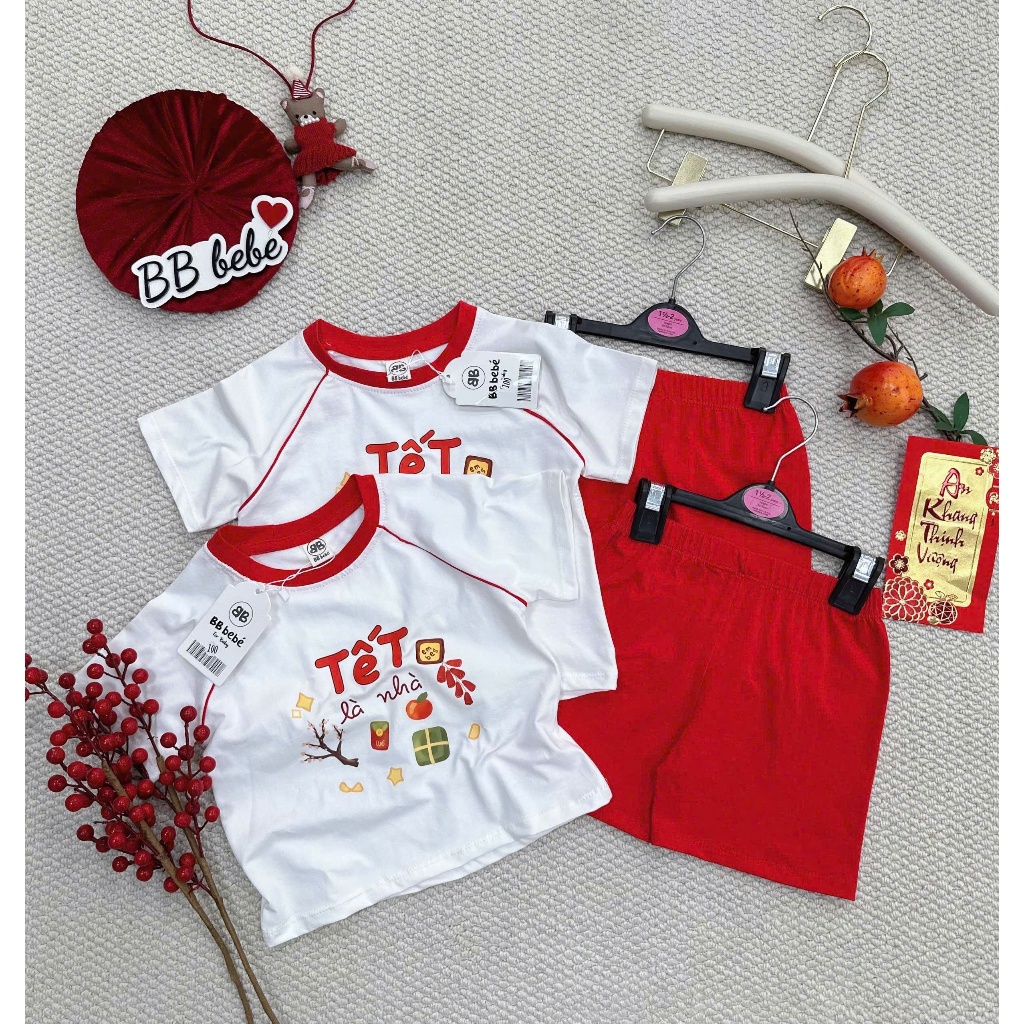 Bộ cotton cộc tay in hoạ tiết tết tông màu đỏ trắng, bộ thun diện tết siêu xinh unisex cho bé