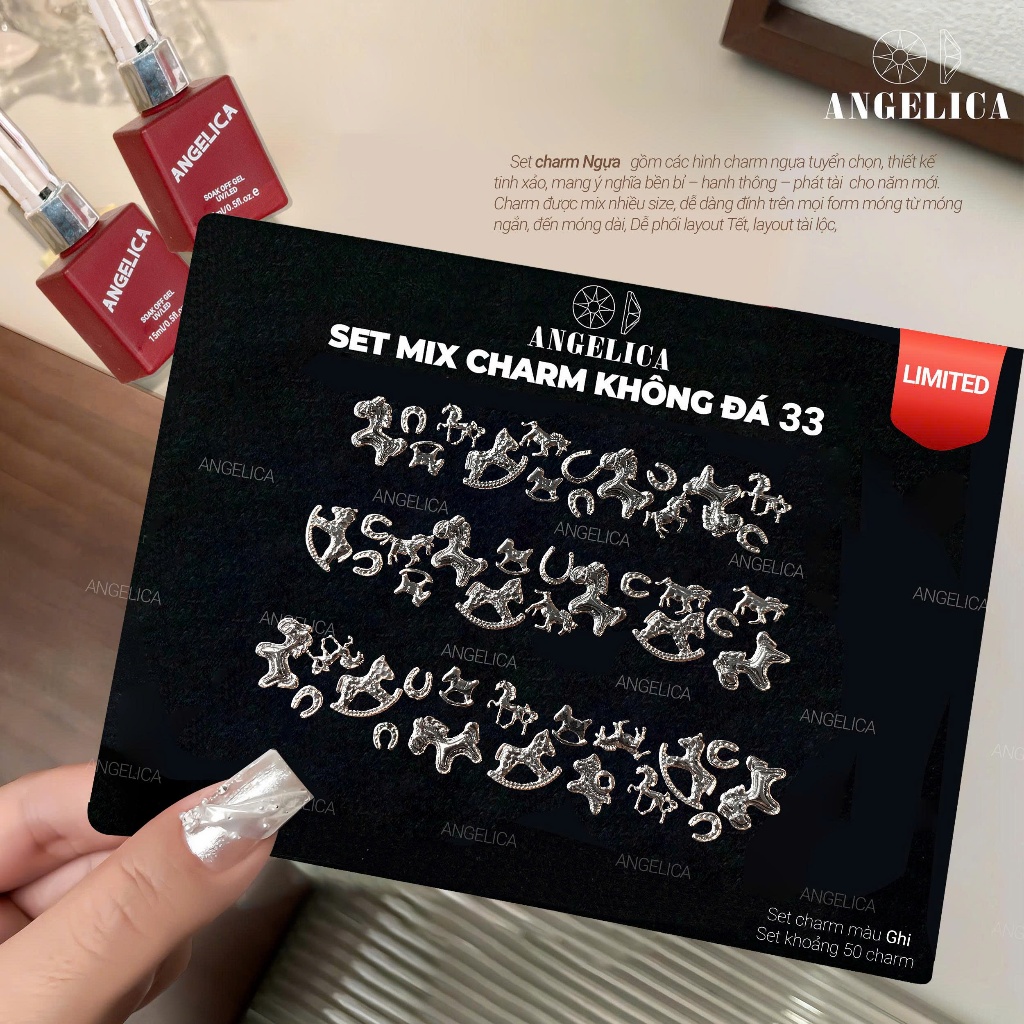 Set 50 Charm Không Đá Nail Kim Loại  Ánh Bạc ANGELICA Cao Cấp - Trang Trí Móng Nail