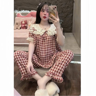 Bộ Áo Babydoll Cổ Và Tay Viền Ren,Quần Dài - MS A01