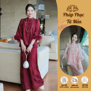 Pháp phục đi chùa cổ tàu gấm tằm nha xá phối lông vũ Bộ đi chùa cách tân tiểu thư khuy đá cách điệu