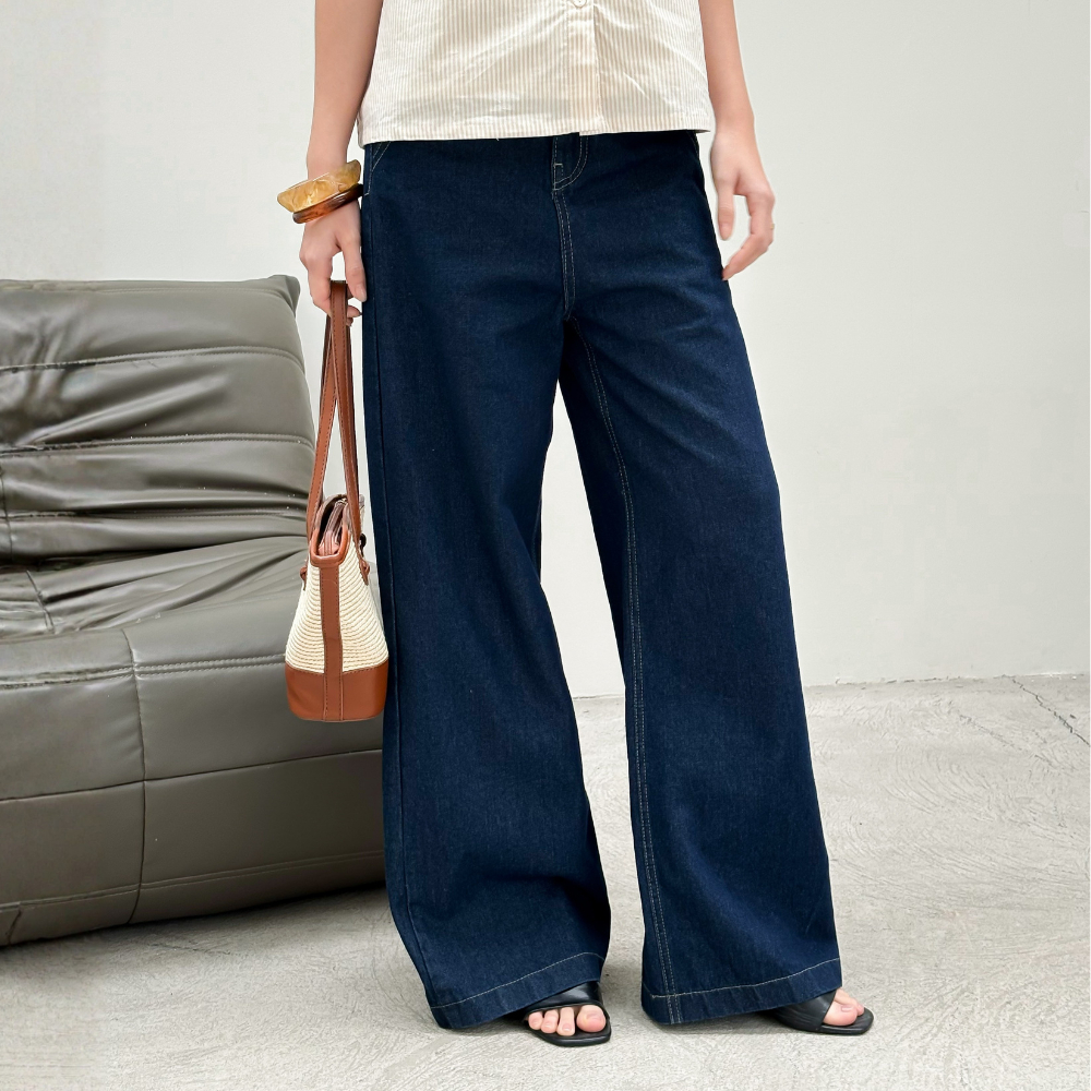 Quần Jeans Nữ Ông Rộng Suông Dài Kisel Miều Est.2013 Denim Lưng Cao Xanh Đậm