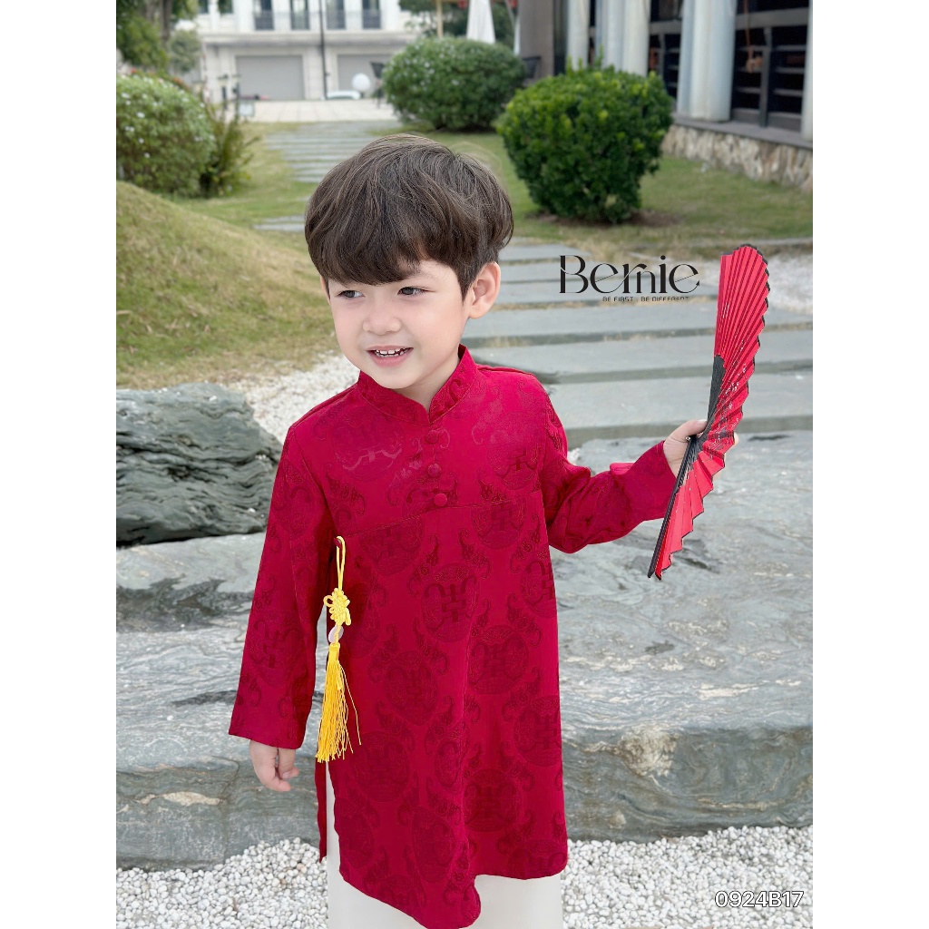 Áo dài lụa bé trai phối quần xuông lụa diện tết, set bộ áo dài chính hãng bernie