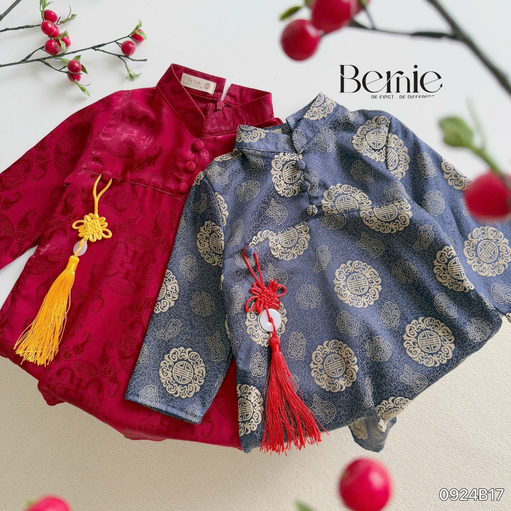 Áo dài lụa bé trai phối quần xuông lụa diện tết, set bộ áo dài chính hãng bernie