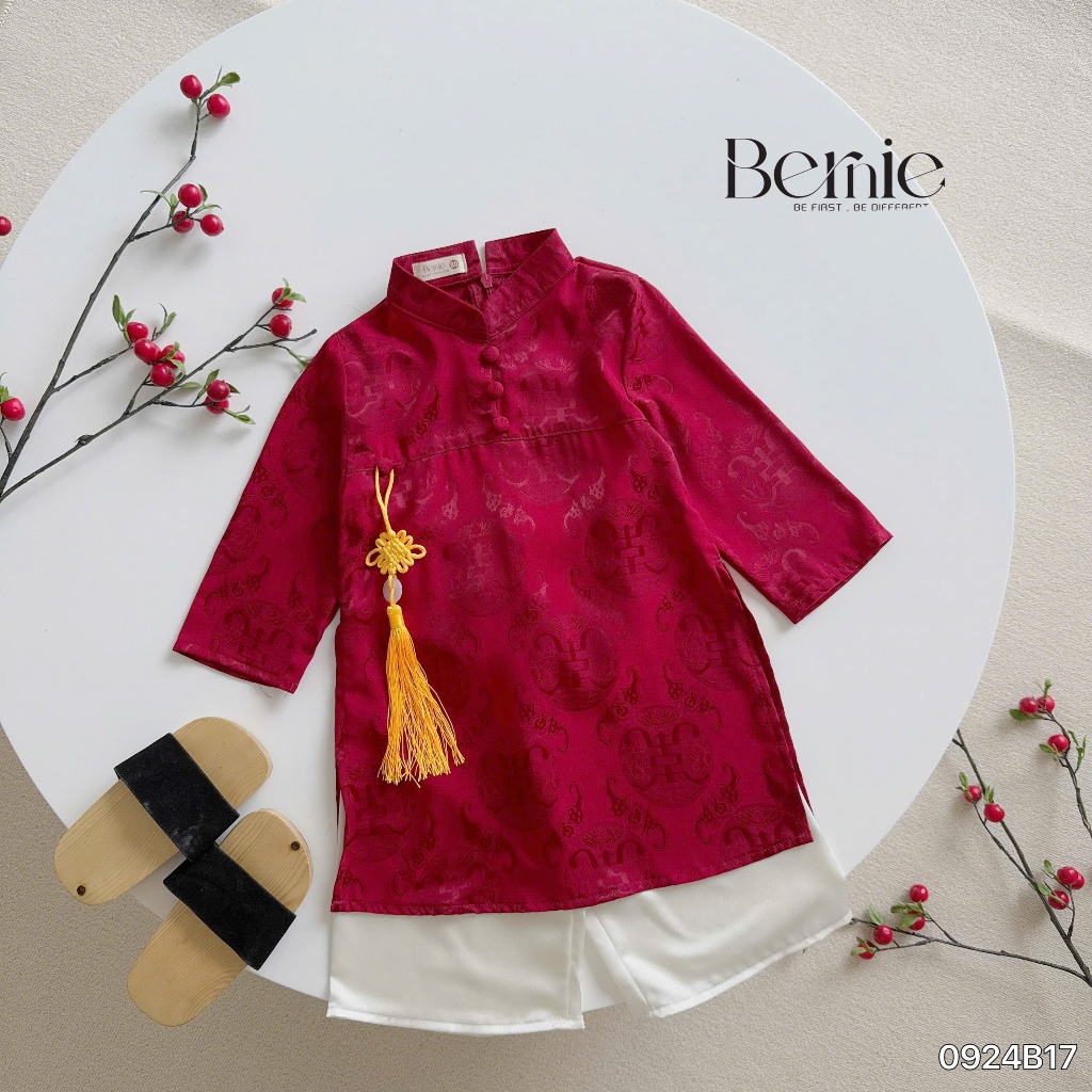 Áo dài lụa bé trai phối quần xuông lụa diện tết, set bộ áo dài chính hãng bernie