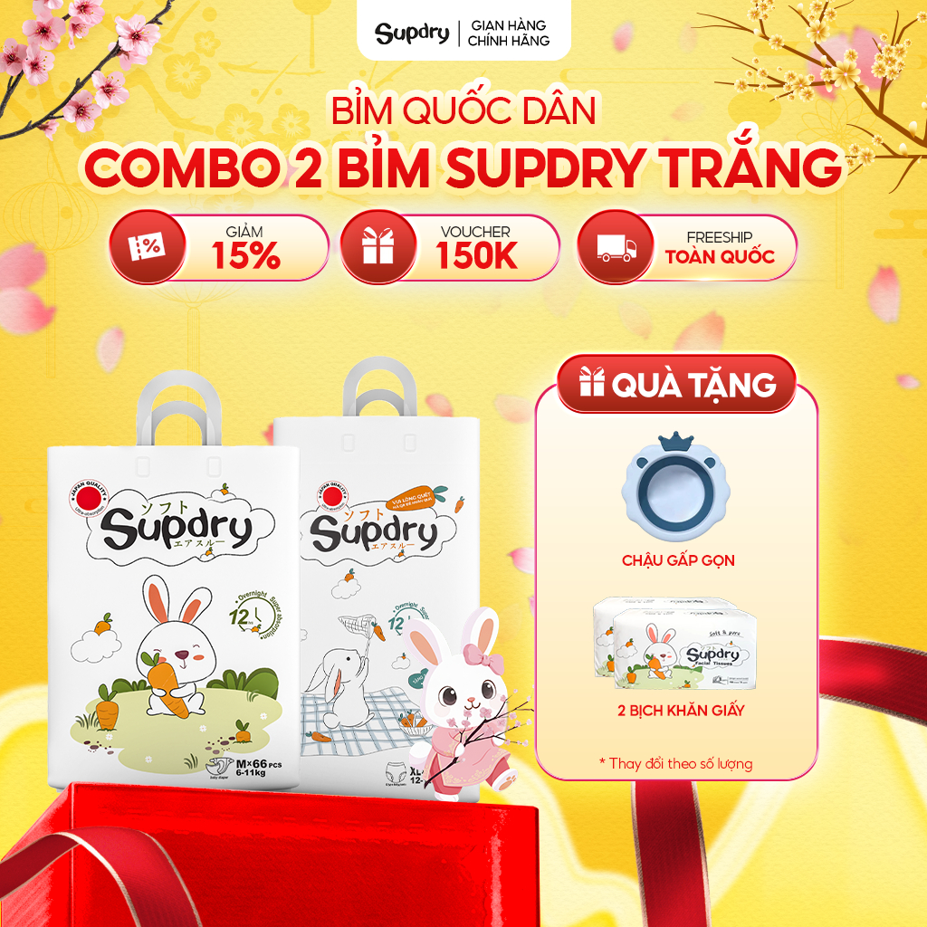 (CÓ QUÀ) COMBO 2 Bịch Tã Bỉm Dán/Quần Supdry, Bỉm Supdry Trắng Mỏng Nhẹ Cho Bé size NB/S/M/L/XL/XXL/XXXL từ 4kg đến 20kg