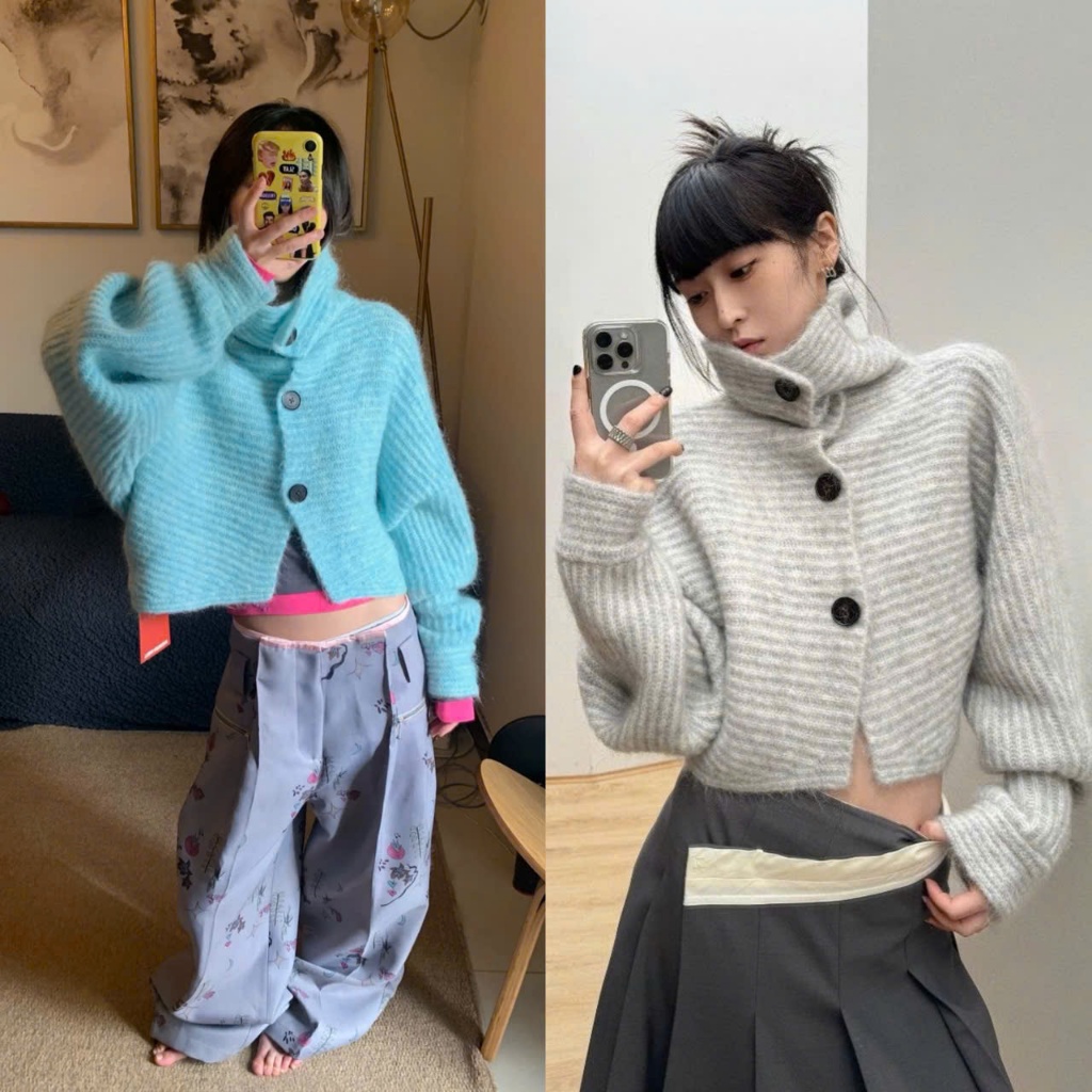(sẵn)Áo len dáng croptop rộng kẻ ngang khuy to màu xanh và ghi cổ ống đứng AL006 - Tiktik
