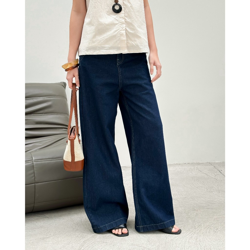 Quần Jeans Nữ Ông Rộng Suông Dài Kisel Miều Est.2013 Denim Lưng Cao Xanh Đậm