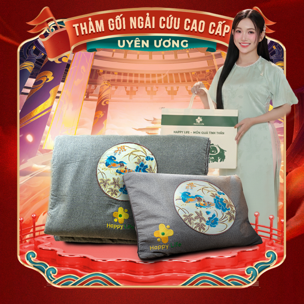 Combo Thảm Và Gối Ngải Cứu Hoàng Thịnh An Cao Cấp Chính Hãng, Thải Điện, Đệm Sưởi Ngải Cứu Đông Y