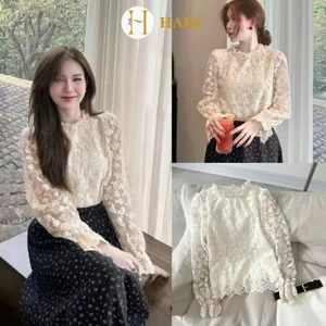 Áo sơ mi ren Hari hoa nổi 2 lớp tiểu thư cổ viền bèo tay dài bo chun HANEUL 0401 P0K41.